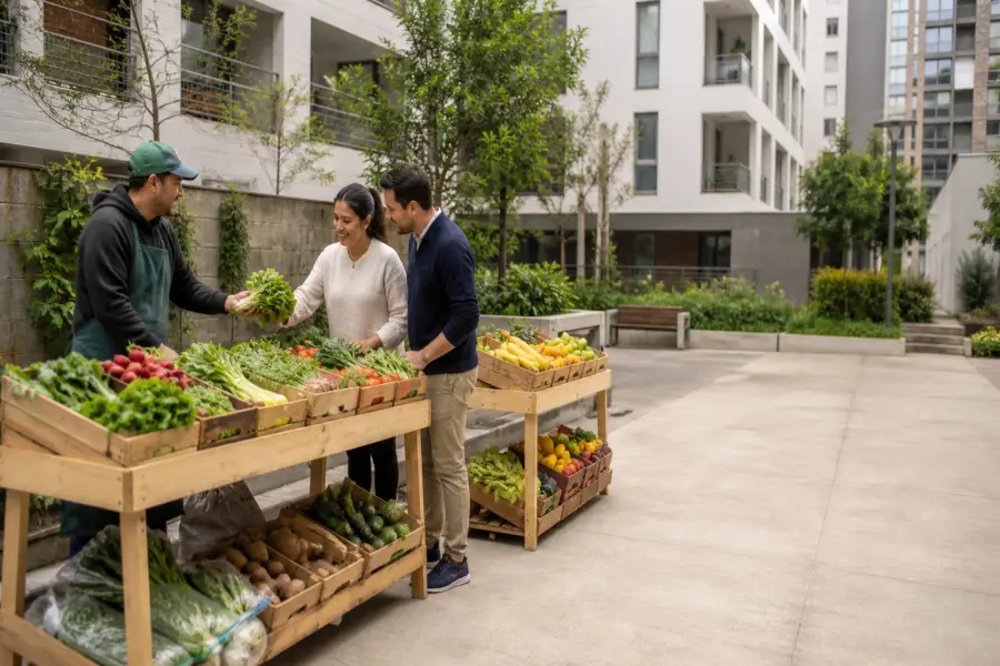 Feria móvil de frutas y verduras en el patio de un condominio