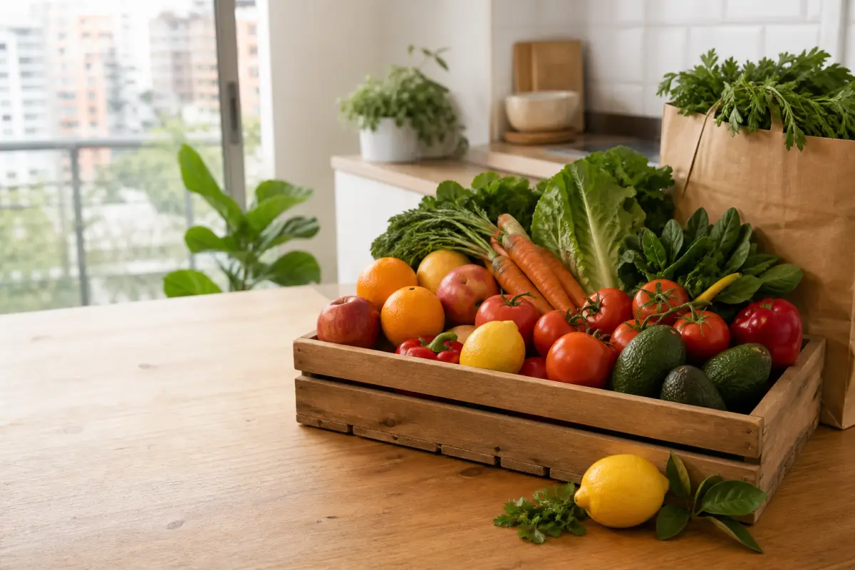 Caja de frutas y verduras frescas en una cocina de Santiago